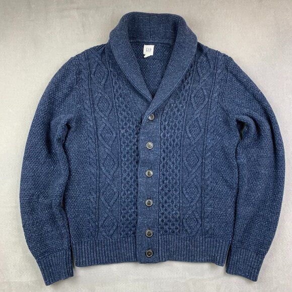 Gap Mens Sweater Large Blue Cable Knit Cardigan Shawl Collar Fisherman Chunky - Picture 1 of 6